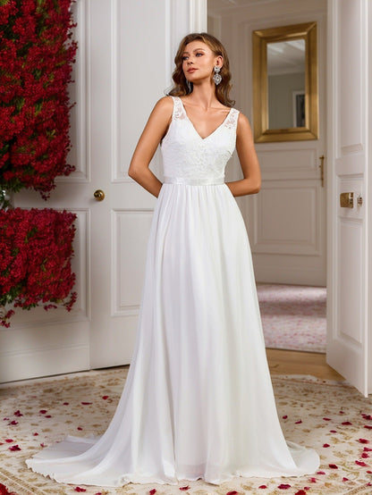 A-Line Wedding Gown with Sleeveless Lace V-Neck