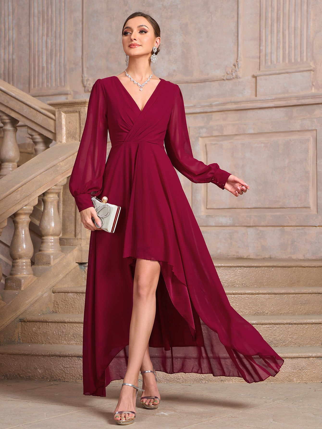 Solid Color High-Low Maxi Dress with V-Neck
