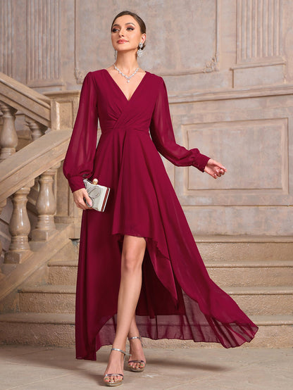 Solid Color High-Low Maxi Dress with V-Neck