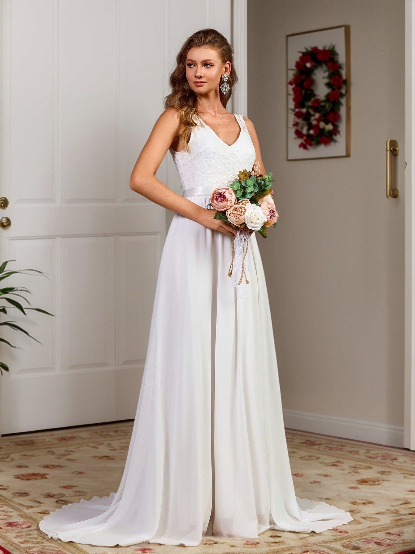 A-Line Wedding Gown with Sleeveless Lace V-Neck