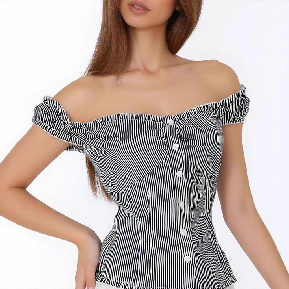 Striped Bardot Blouse with Ruffled Short Sleeves