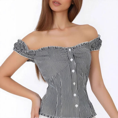 Striped Bardot Blouse with Ruffled Short Sleeves