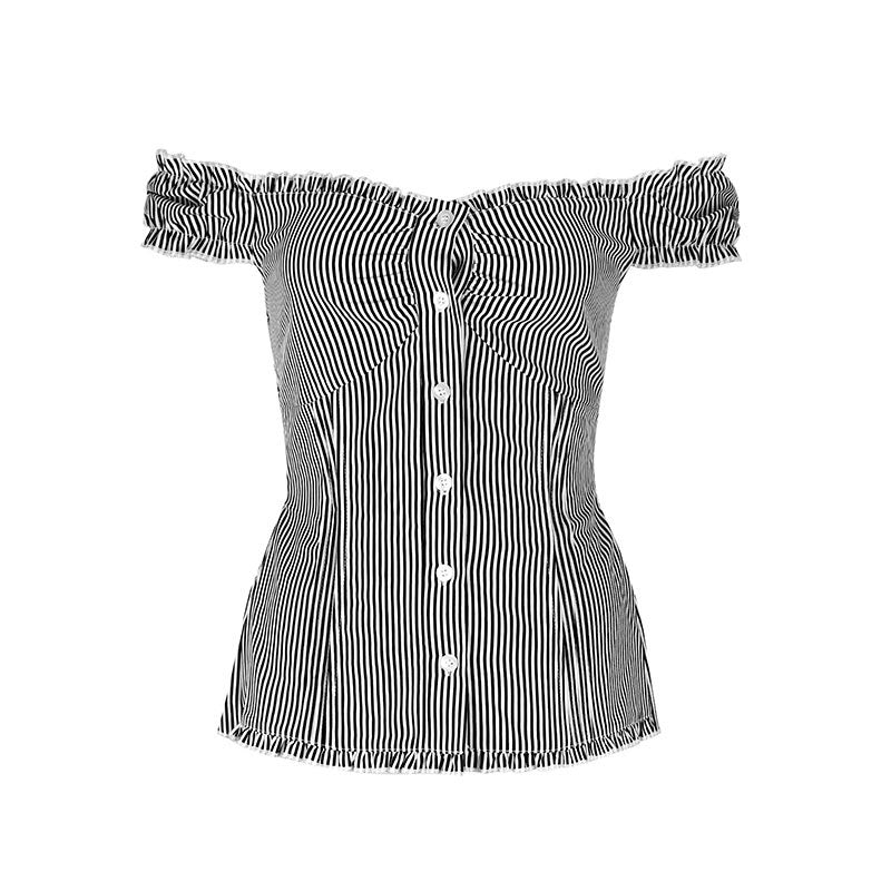Striped Bardot Blouse with Ruffled Short Sleeves