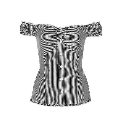 Striped Bardot Blouse with Ruffled Short Sleeves