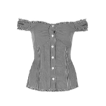 Striped Bardot Blouse with Ruffled Short Sleeves