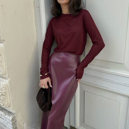 Sheath Midi Skirt in Faux Leather with Slit