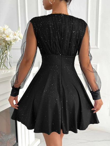 Sparkle A-Line Mini Dress with V-Neck and Mesh Sleeves