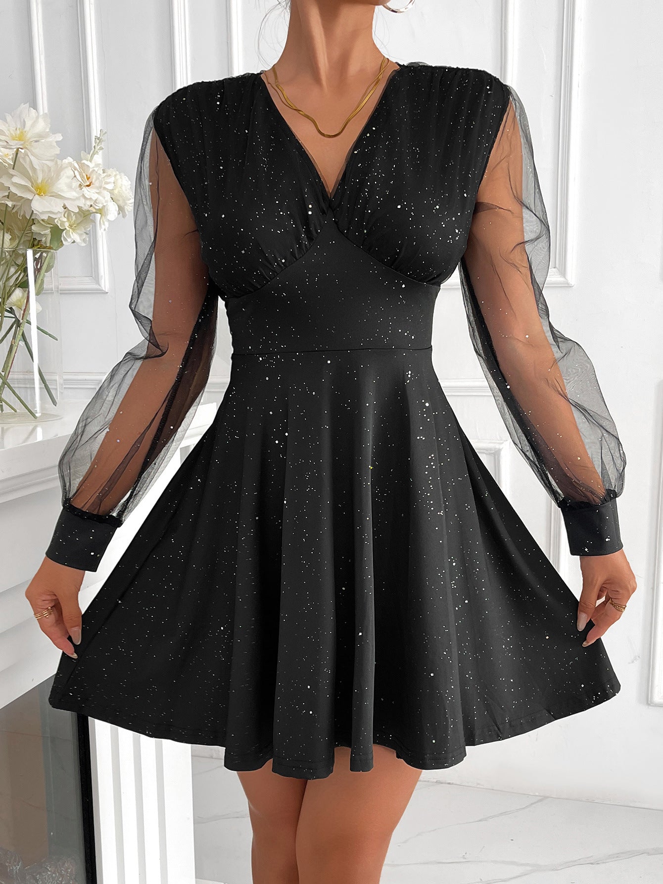 Sparkle A-Line Mini Dress with V-Neck and Mesh Sleeves