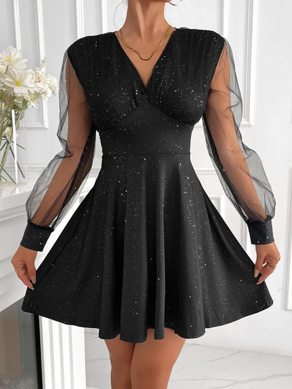 Sparkle A-Line Mini Dress with V-Neck and Mesh Sleeves