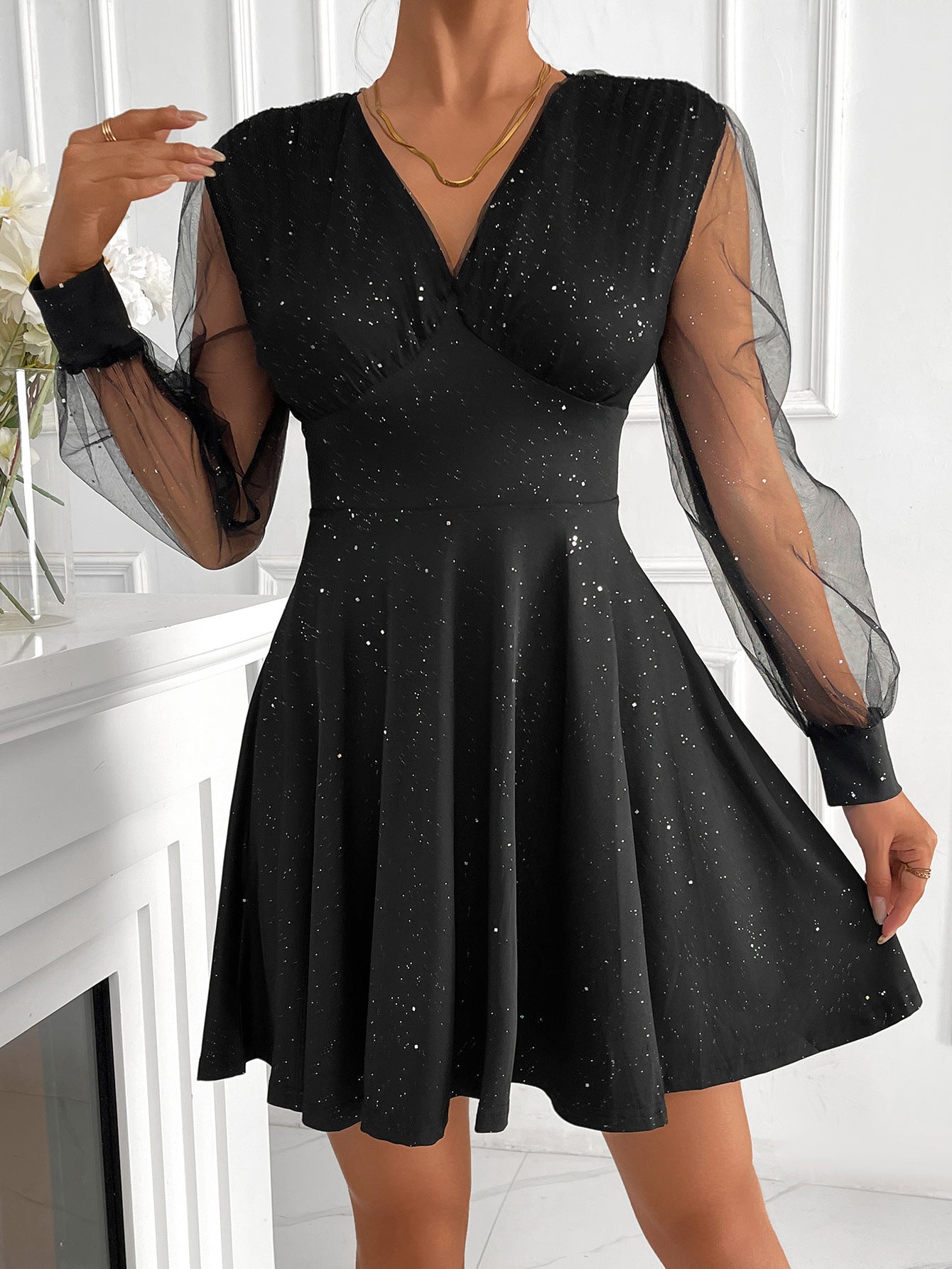 Sparkle A-Line Mini Dress with V-Neck and Mesh Sleeves