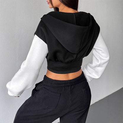 Color-Block Cropped Hoodie with Corset-Style Zipper