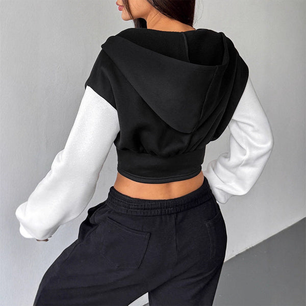 Color-Block Cropped Hoodie with Corset-Style Zipper