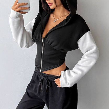 Color-Block Cropped Hoodie with Corset-Style Zipper