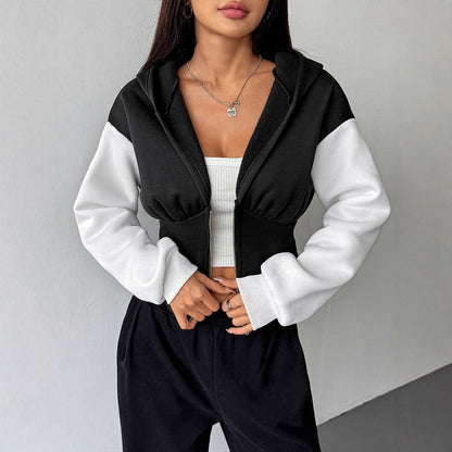 Color-Block Cropped Hoodie with Corset-Style Zipper