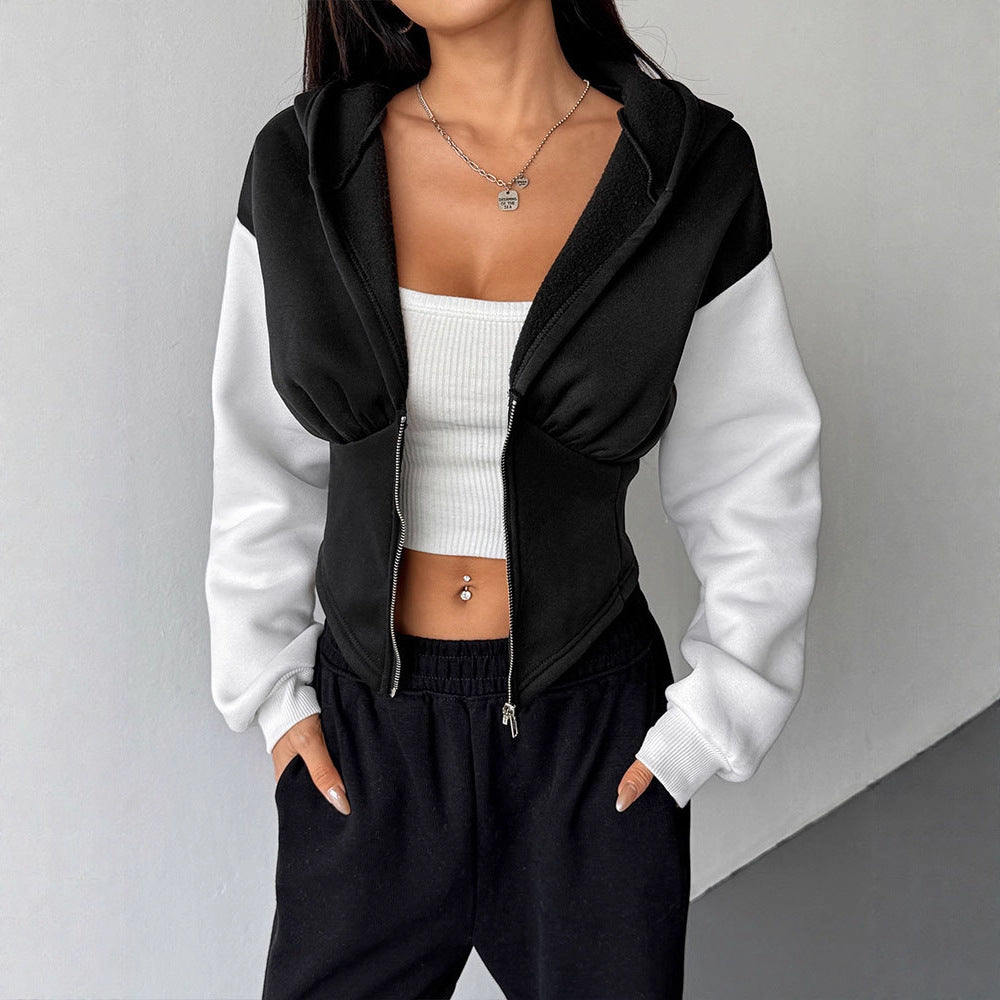 Color-Block Cropped Hoodie with Corset-Style Zipper