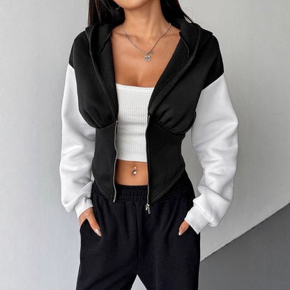 Color-Block Cropped Hoodie with Corset-Style Zipper