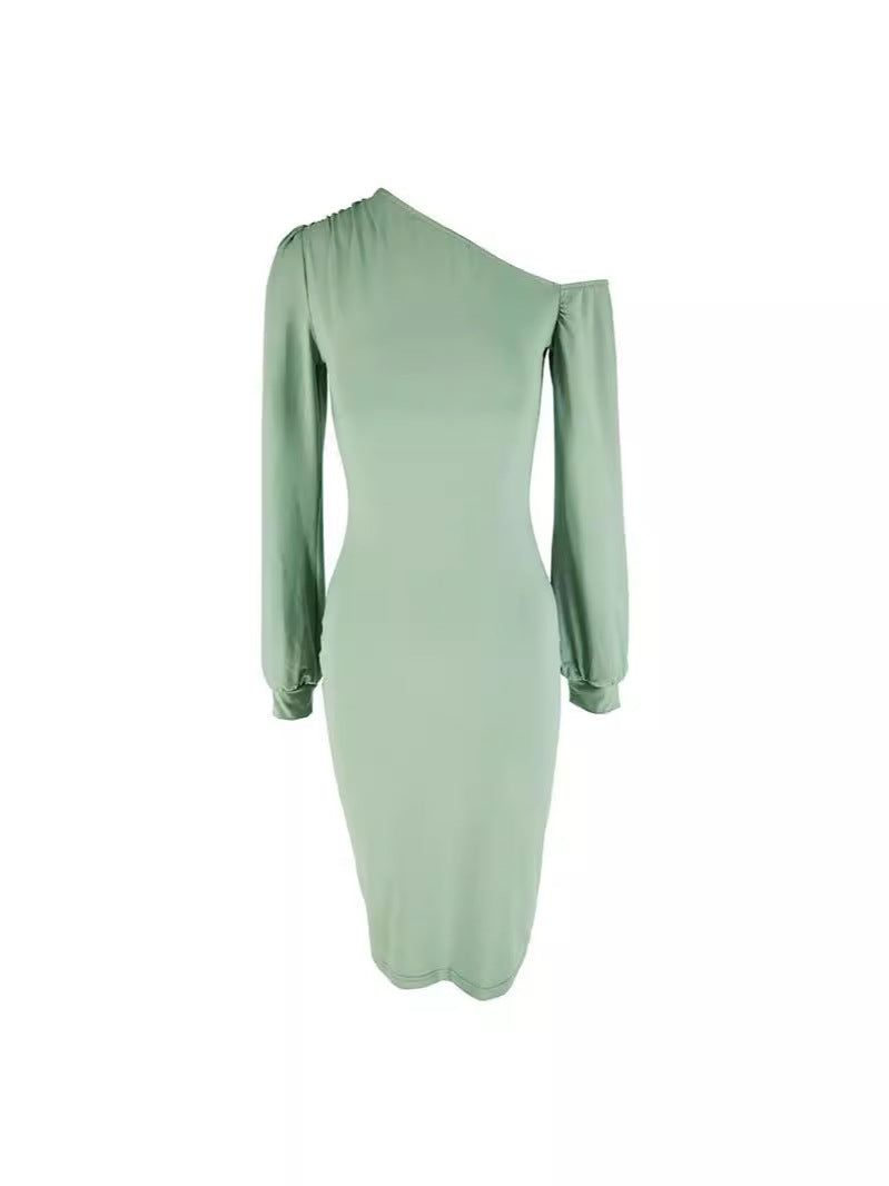 Bodycon Midi Dress with Slanted Shoulder and Long Sleeves