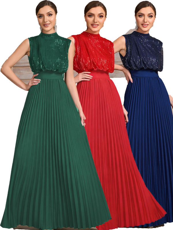 Sequined Maxi Dress with High Neck and Pleated Skirt