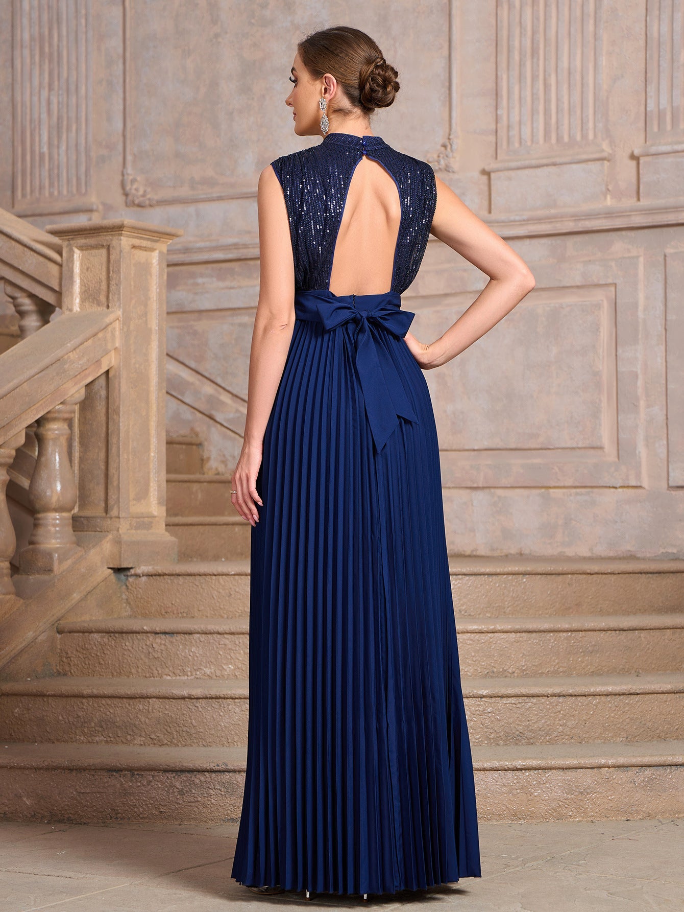 Sequined Maxi Dress with High Neck and Pleated Skirt