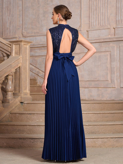 Sequined Maxi Dress with High Neck and Pleated Skirt