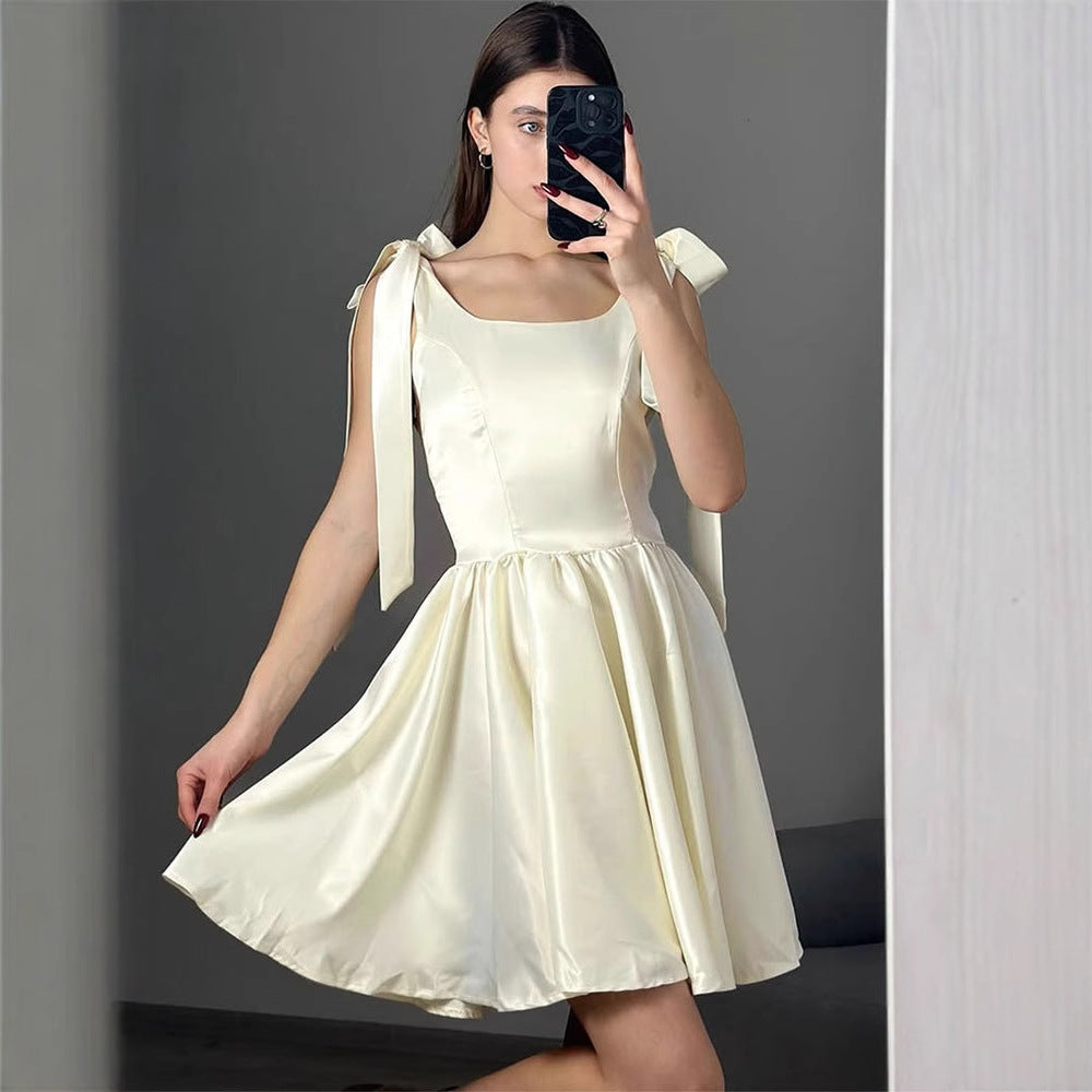 Satin Fit & Flare Mini Dress with Shoulder Ties