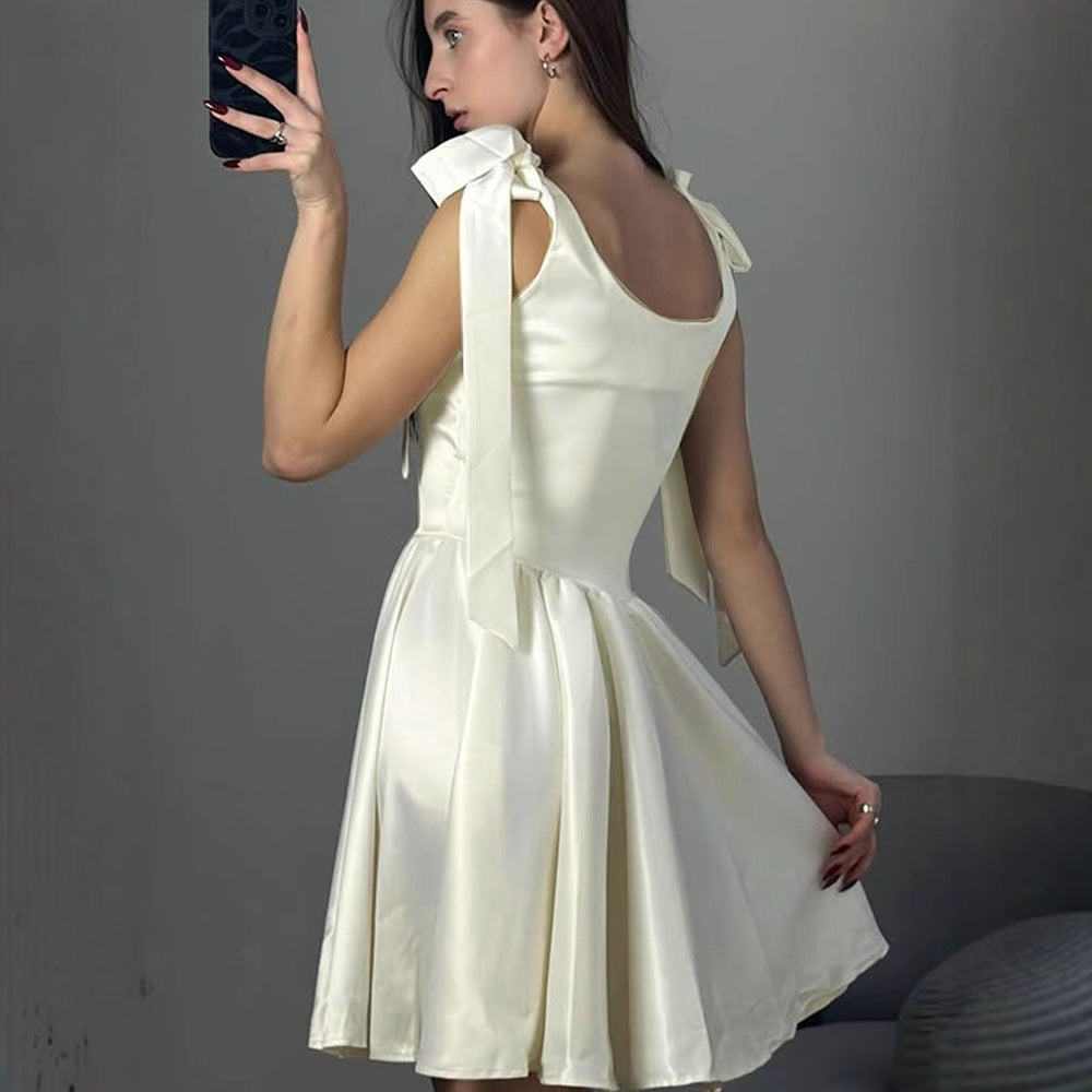 Satin Fit & Flare Mini Dress with Shoulder Ties
