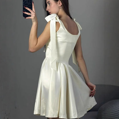 Satin Fit & Flare Mini Dress with Shoulder Ties
