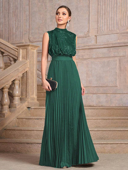 Sequined Maxi Dress with High Neck and Pleated Skirt