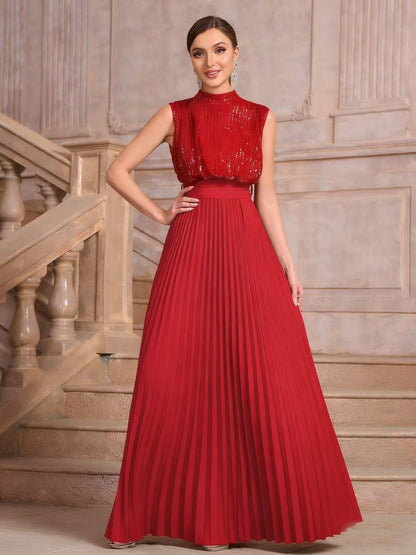 Sequined Maxi Dress with High Neck and Pleated Skirt