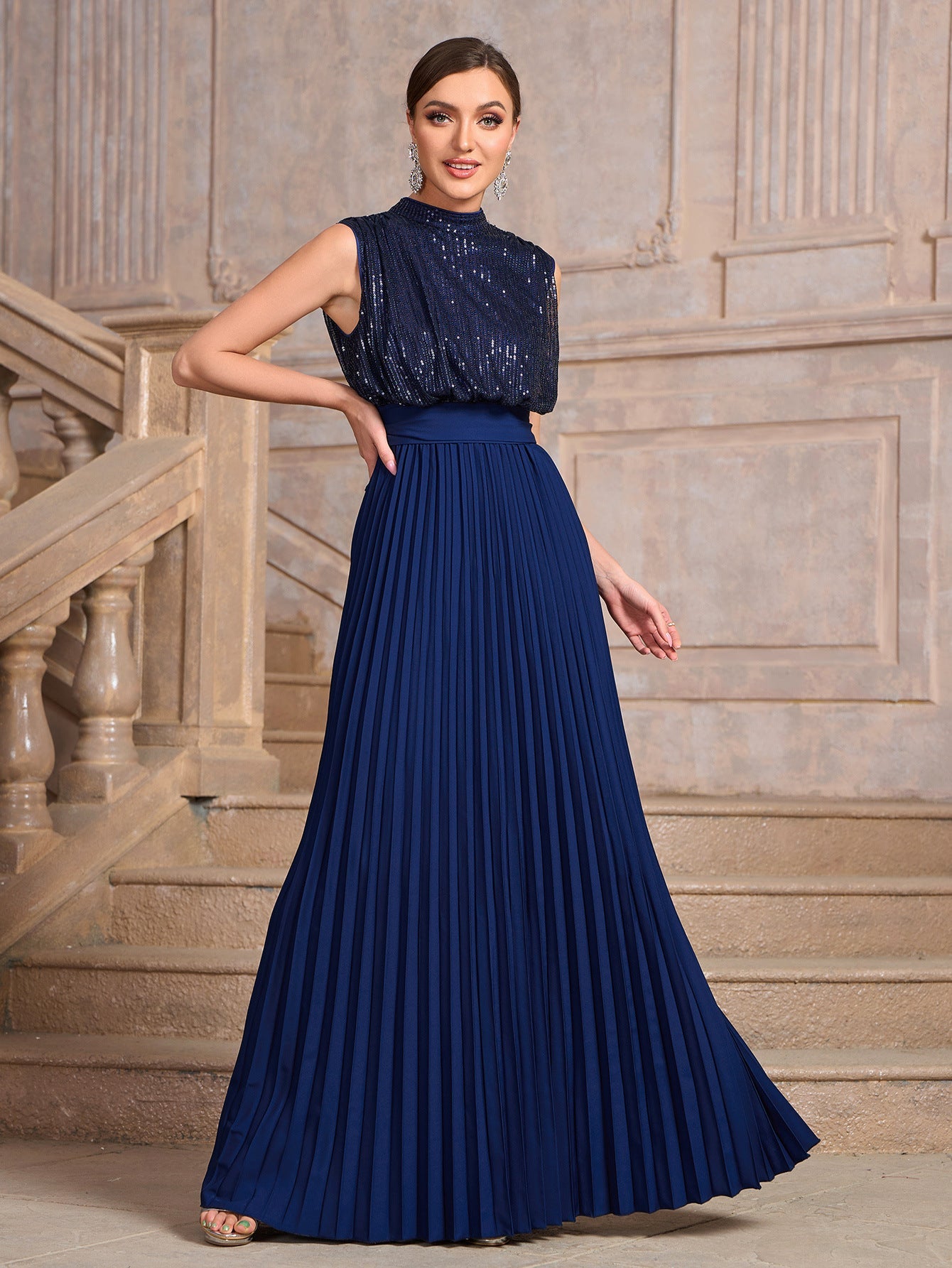 Sequined Maxi Dress with High Neck and Pleated Skirt