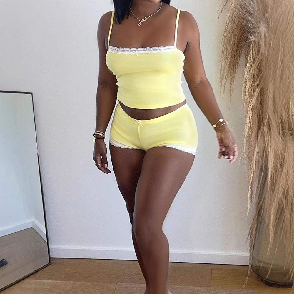 Cami and Shorts Set with Lace Trim and Bow Detail