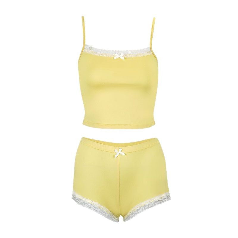 Cami and Shorts Set with Lace Trim and Bow Detail
