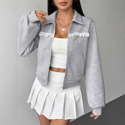 Cropped Zip-Up Jacket with Lapel Collar and Lace Trim