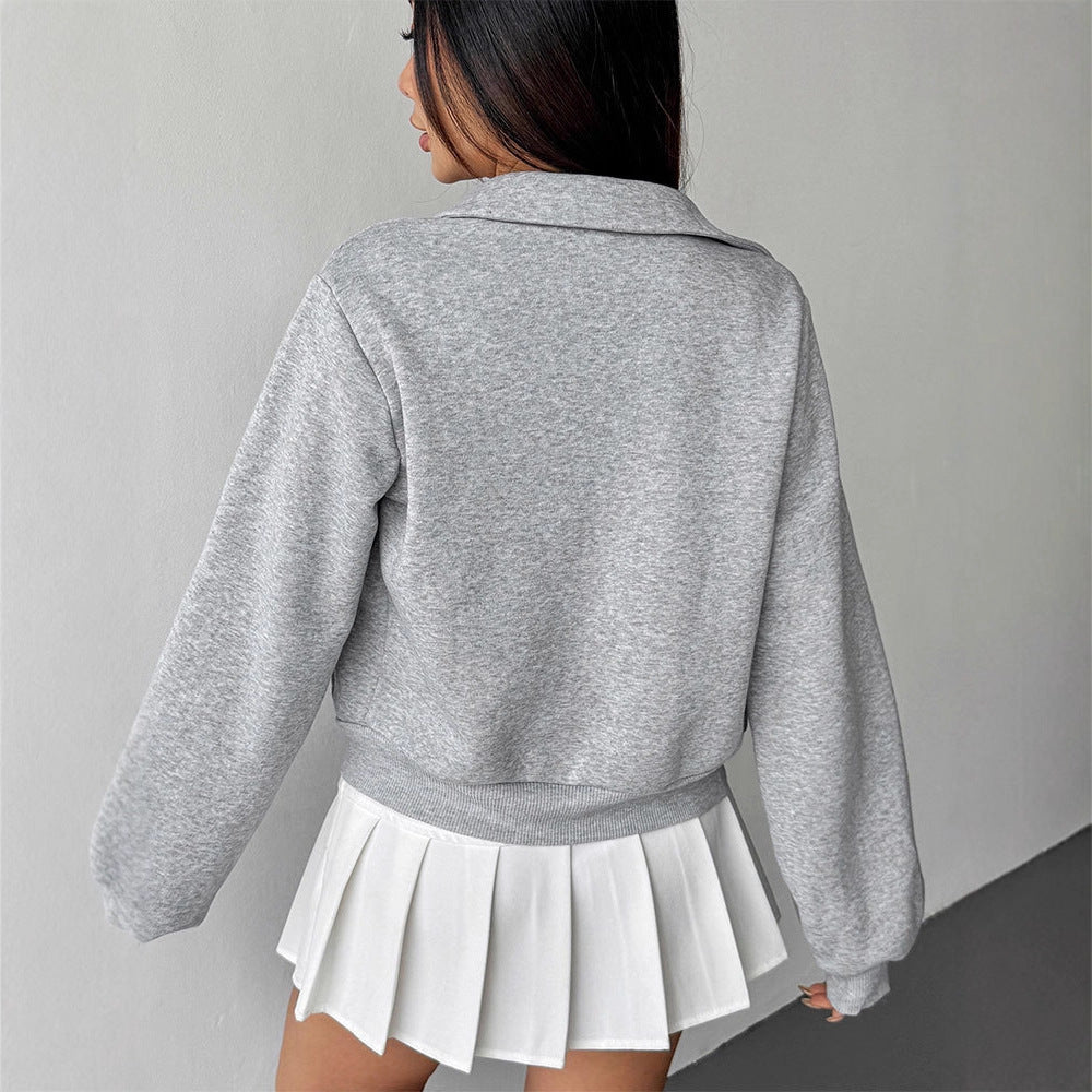 Cropped Zip-Up Jacket with Lapel Collar and Lace Trim