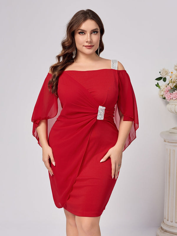 Sheath Dress with Draped Sleeves and Rhinestone Accents