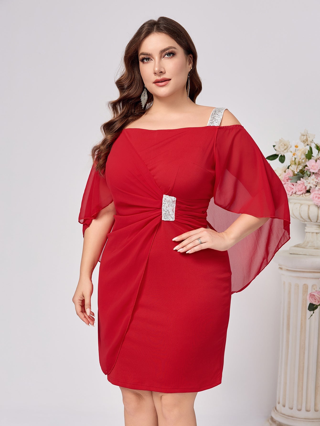 Sheath Dress with Draped Sleeves and Rhinestone Accents