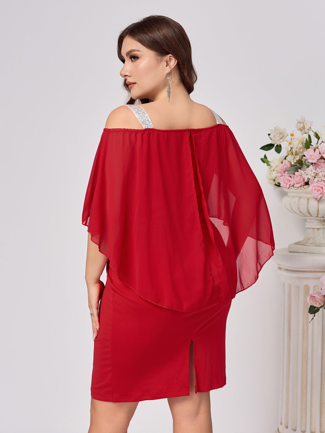 Sheath Dress with Draped Sleeves and Rhinestone Accents