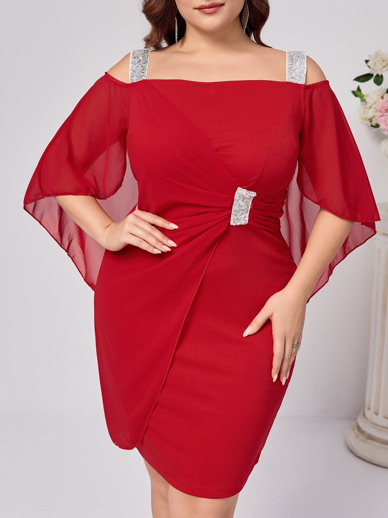 Sheath Dress with Draped Sleeves and Rhinestone Accents
