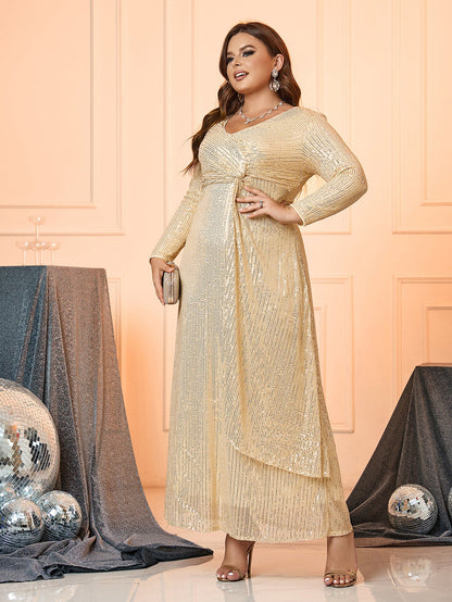 Long Sleeve Sequined Maxi Dress with Deep V-Neck and Waist Knot