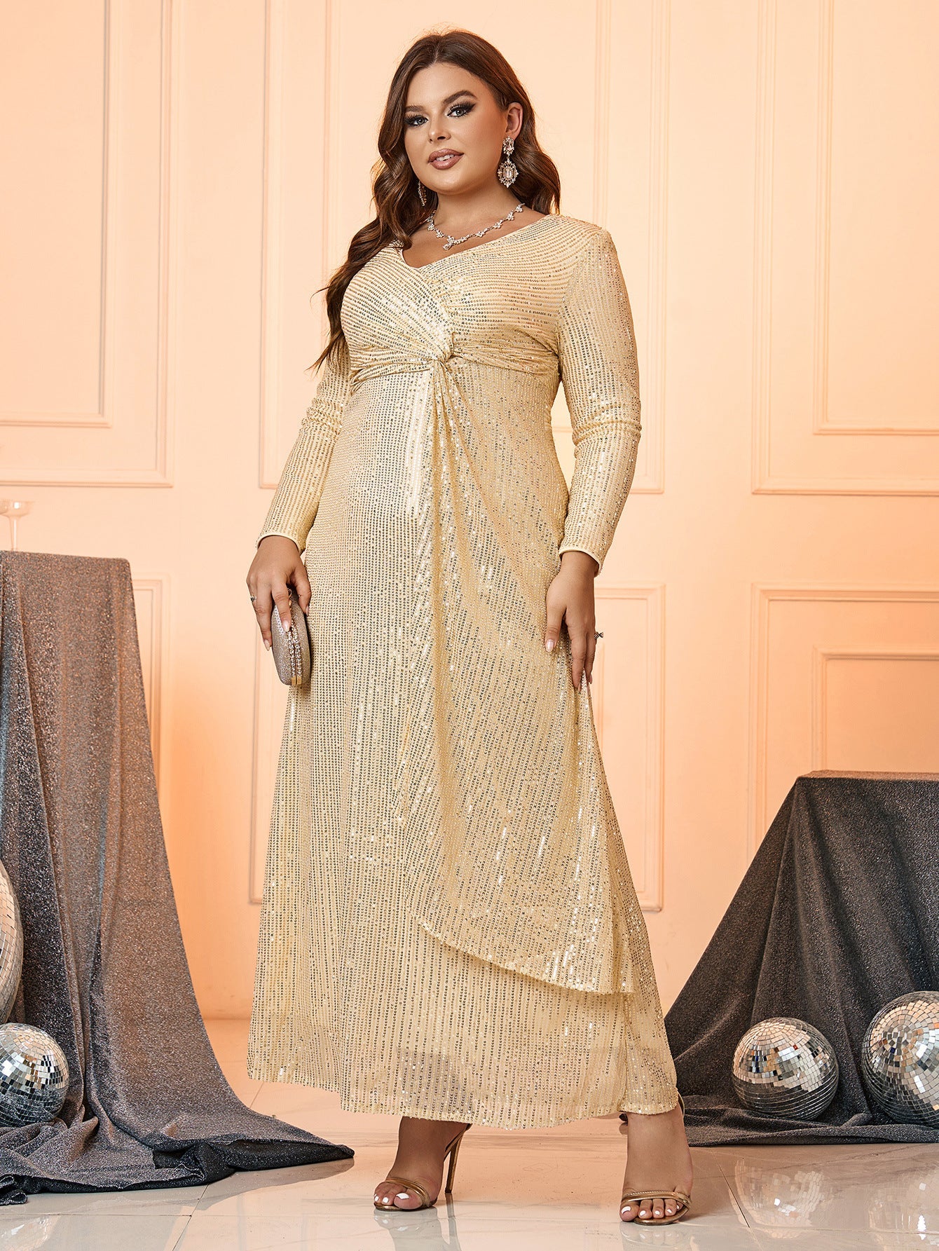 Long Sleeve Sequined Maxi Dress with Deep V-Neck and Waist Knot