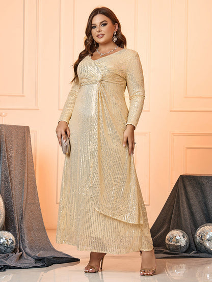 Long Sleeve Sequined Maxi Dress with Deep V-Neck and Waist Knot