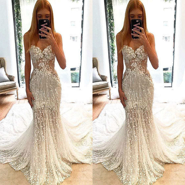 Strapless Mermaid Dress with Illusion Bodice and Lace