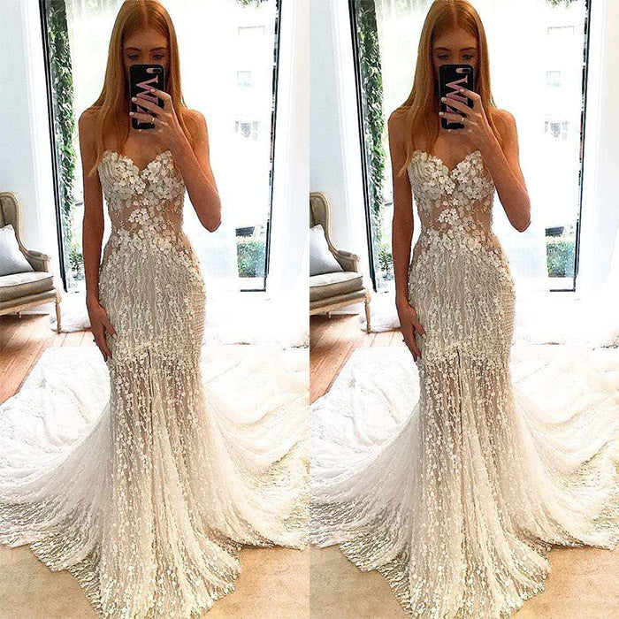 Strapless Mermaid Dress with Illusion Bodice and Lace