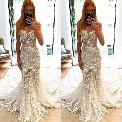 Strapless Mermaid Dress with Illusion Bodice and Lace