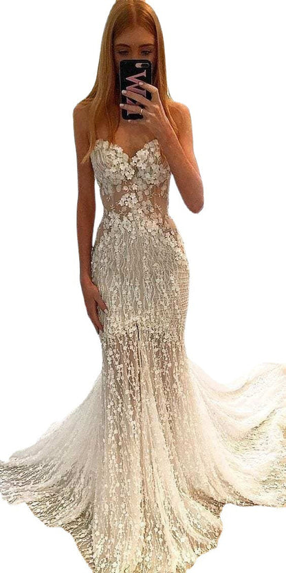 Strapless Mermaid Dress with Illusion Bodice and Lace