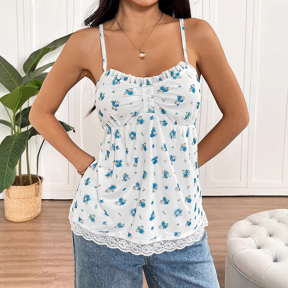 Floral Print Camisole Top with Ruffled Bust and Lace Hem