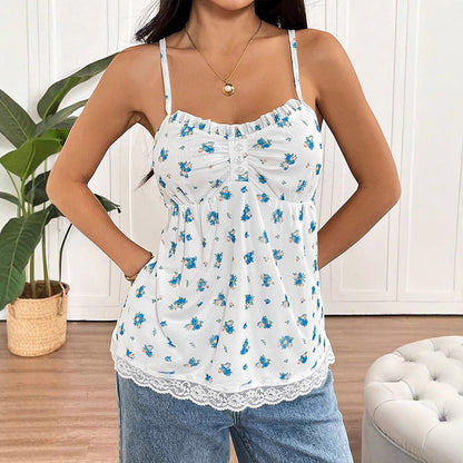 Floral Print Camisole Top with Ruffled Bust and Lace Hem