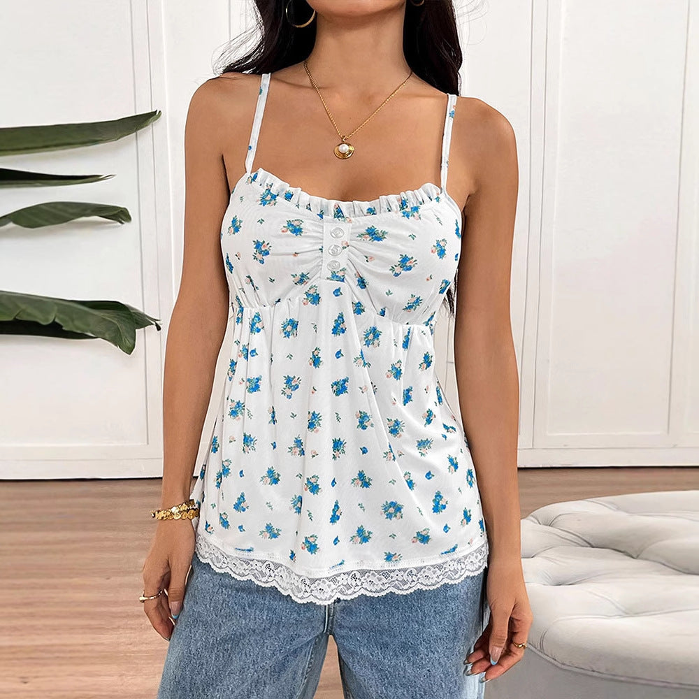 Floral Print Camisole Top with Ruffled Bust and Lace Hem