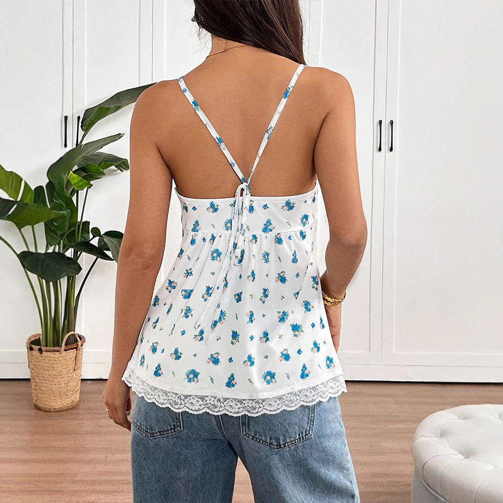 Floral Print Camisole Top with Ruffled Bust and Lace Hem