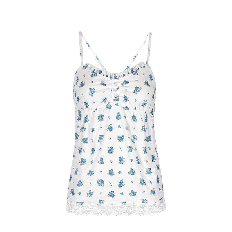 Floral Print Camisole Top with Ruffled Bust and Lace Hem